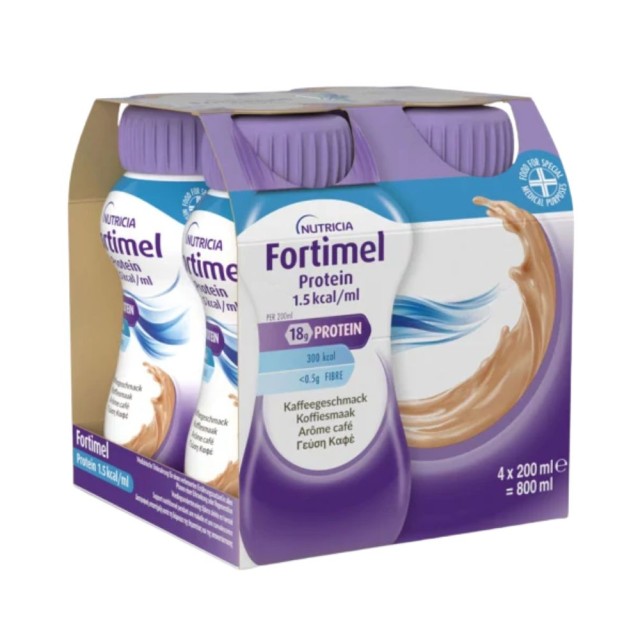 Nutricia Fortimel Protein 1,5kcal/ml Coffee 4x200ml (Υπερπρωτεϊνικό, Υπερθερμιδικό Πόσιμο Θρεπτικό Σκεύασμα με Γεύση Καφέ)
