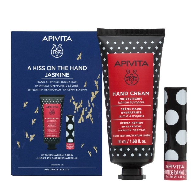 Apivita SET A Kiss On The Hand Jasmine Hand Cream Moisturizing Jasmine & Propolis 50ml & Lip Care Pomegranate 4,4gr (ΣΕΤ με Κρέμα Χεριών Ελαφριάς Υφής & Ενυδατική Φροντίδα για τα Χείλη με Ρόδι)