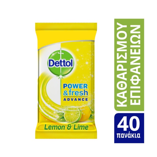 Dettol Power & Fresh Floor Wipes Lemon &b Lime 40pcs (Υγρά Απολυμαντικά Πανάκια Καθαρισμού Επιφανειών με Άρωμα Λεμόνι & Λάιμ)