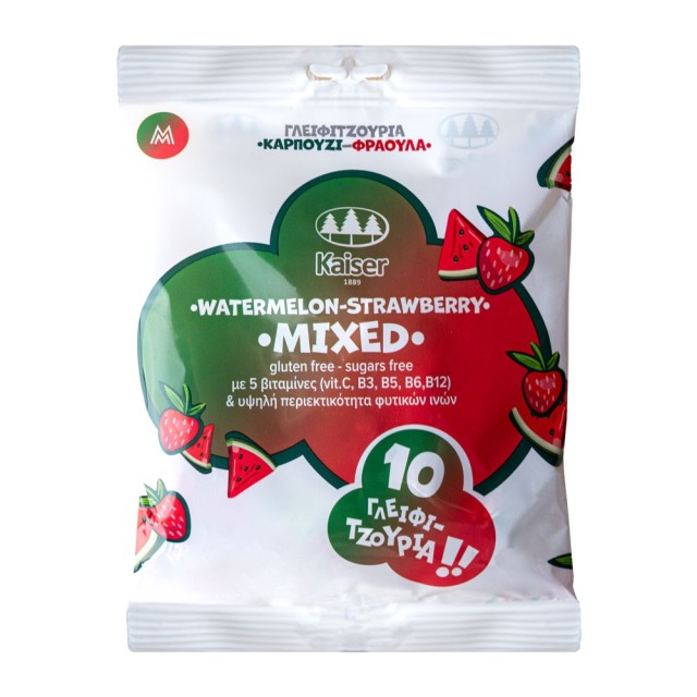 Kaiser Lollipops with Vitamins & Natural Fibers - Mixed Watermelon & Strawberry 10τεμ (Γλειφιτζούρια με Φυτικές Ίνες & Βιταμίνες - Mixed Καρπούζι & Φράουλα)