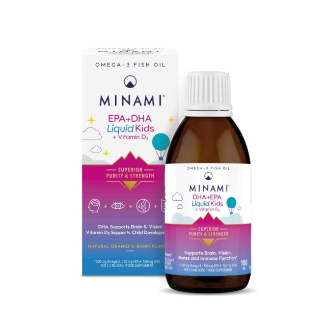 Minami DHA + EPA Liquid Kids + Vitamin D3 100ml (Συμπλήρωμα Διατροφής με Ωμέγα-3 & Βιταμίνη D3 για Π