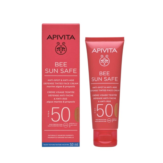 Apivita Bee Sun Safe Anti-Spot & Anti-Age Defense Tinted Face Cream SPF50 50ml (Αντηλιακή Κρέμα Προσώπου με Χρώμα Κατά των Πανάδων & Ρυτίδων - Χρυσαφένια Απόχρωση)