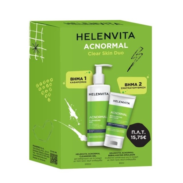 Helenvita SET Acnormal Cleansing Gel 200ml & ΔΩΡΟ Acnormal Rebalancing Emulsion 60ml (ΣΕΤ με Τζελ Καθαρισμού & ΔΩΡΟ Ενυδατικό Γαλάκτωμα Προσώπου & Λαιμού με Σμηγματορυθμιστική Δράση)