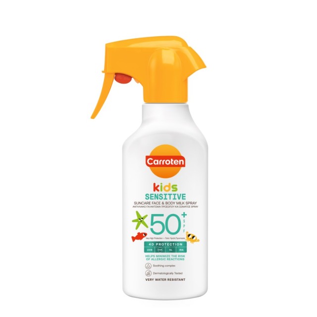 Carroten Kids Sensitive Face & Body Milk Spray 4D Protection SPF50+ 270ml (Παιδικό Αντηλιακό Γαλάκτωμα σε Σπρέι για Ευαίσθητες Επιδερμίδες)