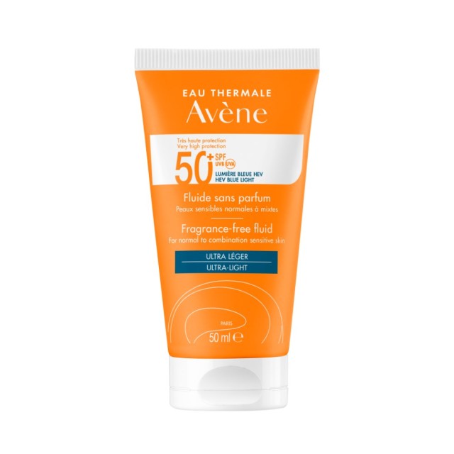 Avene Sun Care Fluid SPF50+ Fragrance Free 50ml (Αντηλιακό Fluid Προσώπου Χωρίς Άρωμα για Κανονική/Μικτή Ευαίσθητη Επιδερμίδα)