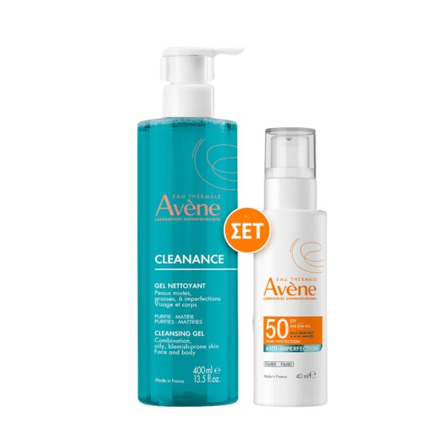 Avene SET Cleanance Cleansing Gel 400ml & Anti-Imperfection Fluid SPF50 40ml (ΣΕΤ με Τζελ Καθαρισμού για Πρόσωπο & Σώμα & Αντηλιακό Προσώπου για Λιπαρό/με Τάση Ακμής Δέρμα)