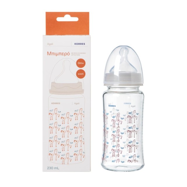 Korres Feeding Bottle 230ml 0+ (Γυάλινο Μπιμπερό με Θηλή Σιλικόνης Αργής Ροής 0+)