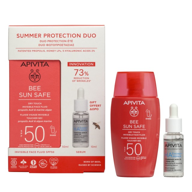 Apivita SET Bee Sun Safe Dry Touch Invisible Face Fluid SPF50 50ml & ΔΩΡΟ HA5 Honey Repair Serum 10ml (ΣΕΤ με Λεπτόρρευστο Αντηλιακό Προσώπου Ελαφριάς Υφής με Πουδρέ Φινίρισμα & ΔΩΡΟ Ορός Επανόρθωσης & Λείανσης)