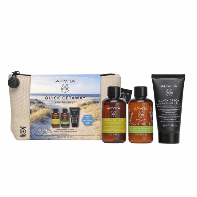 Apivita Quick Getaway SET Mini Frequent Use Gentle Daily Shampoo 75ml & Tonic Mountain Tea Shower Gel 75ml & Black Detox Cleansing Gel 50ml