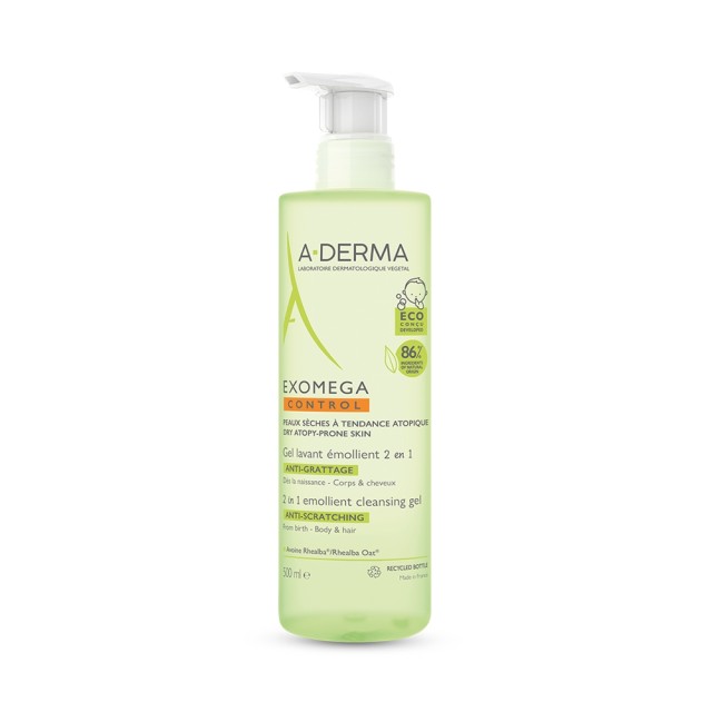 A Derma Exomega Control 2in1 Emollient Cleansing Gel Anti-Scratching 500ml (Βρεφικό Μαλακτικό Τζελ Καθαρισμού για Πρόσωπο, Σώμα & Μαλλιά 2σε1 για το Αίσθημα του Κνησμού)