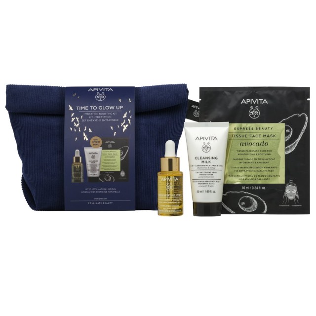Apivita Time to Glow Up SET Beessential Oils Brightening & Hydrating Skin Supplement Day Oil 15ml & GIFT 3in1 Cleansing Milk Face & Eyes 50ml & Tissue Face Mask Avocando