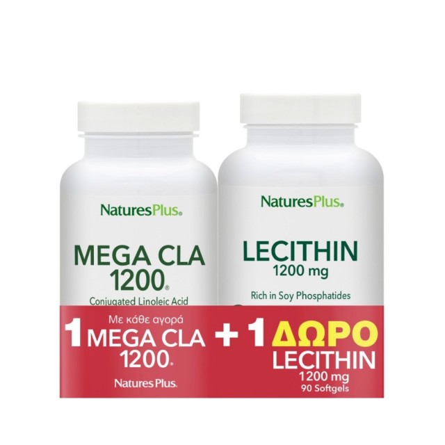 Natures Plus SET Mega CLA 1200 60caps & ΔΩΡΟ Lecithin 1200mg 90caps (ΣΕΤ Συμπληρωμάτων Διατροφής για