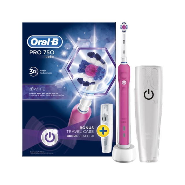Oral B Braun Pro 750 3D White Pink με Θήκη Ταξιδίου (Ηλεκτρική Οδοντόβουρτσα σε Χρώμα Ροζ)
