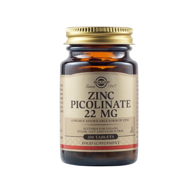 Solgar Zinc Picolinate 22mg 100tabs (Συμπλήρωμα Διατροφής με Ψευδάργυρο για Ενίσχυση του Ανοσοποιητικού)