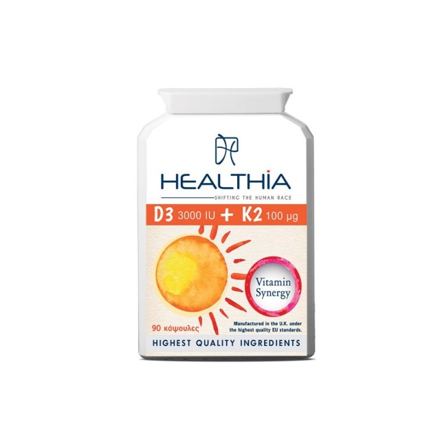 Healthia D3 3000iu Κ2 100mcg 90caps (Συμπλήρωμα Διατροφής με Βιταμίνη D3 & K2 για την Καλή Υγεία των Οστών & της Καρδιάς)