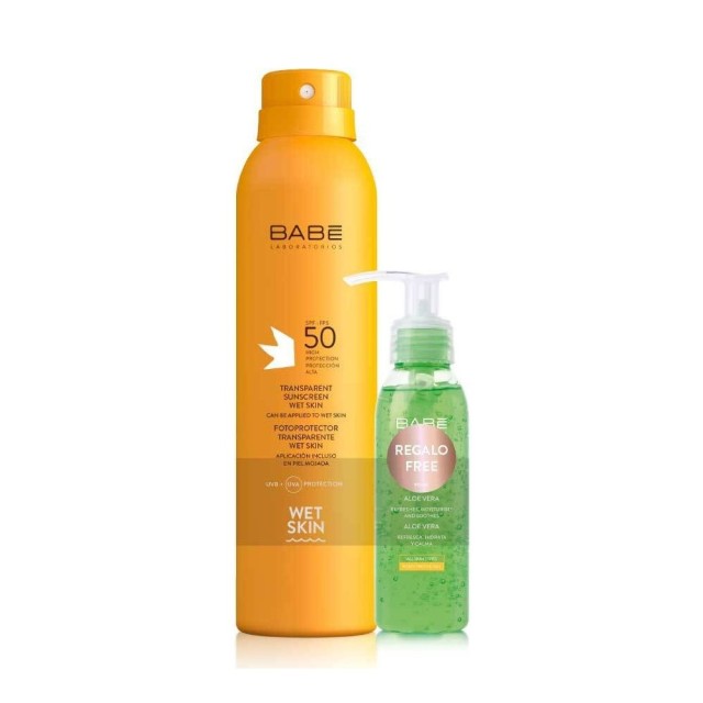 Babe SET Sun Transparent Sunscreen Wet Skin SPF50 200ml & ΔΩΡΟ Aloe Vera Gel 90ml (ΣΕΤ με Αδιάβροχο Αντηλιακό Σπρέι Σώματος & ΔΩΡΟ Ενυδατικό Τζελ με Εκχύλισμα Αλόης 100%)