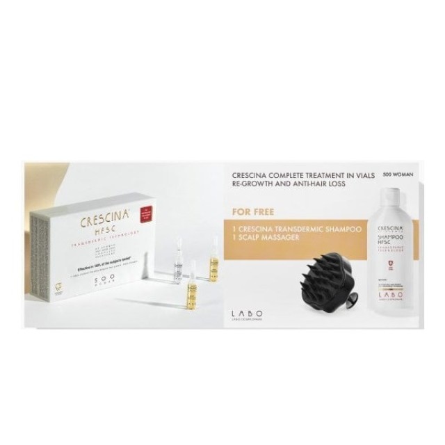 Crescina Transdermic HFSC Complete Woman 500 20x3,5ml & ΔΩΡΟ Crescina Transdermic Shampoo 200ml & Scalp Massager (ΣΕΤ για Γυναίκες με Αραίωση Μαλλιών σε Μεσαίο Στάδιο & Προχωρημένη Τριχόπτωση)