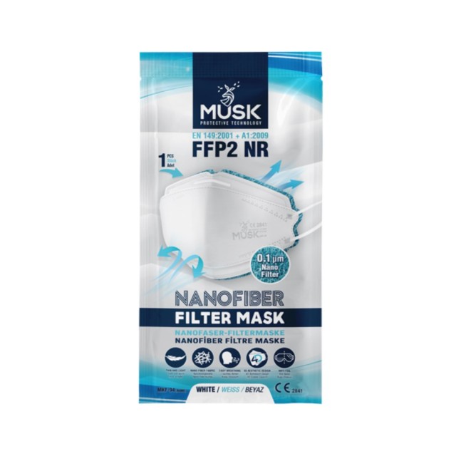 Musk FFP2 NR Nanofiber Filter Mask 1τεμ (Μάσκα Ενισχυμένης Προστασίας με Ύφασμα Νανοΐνας Άσπρη)