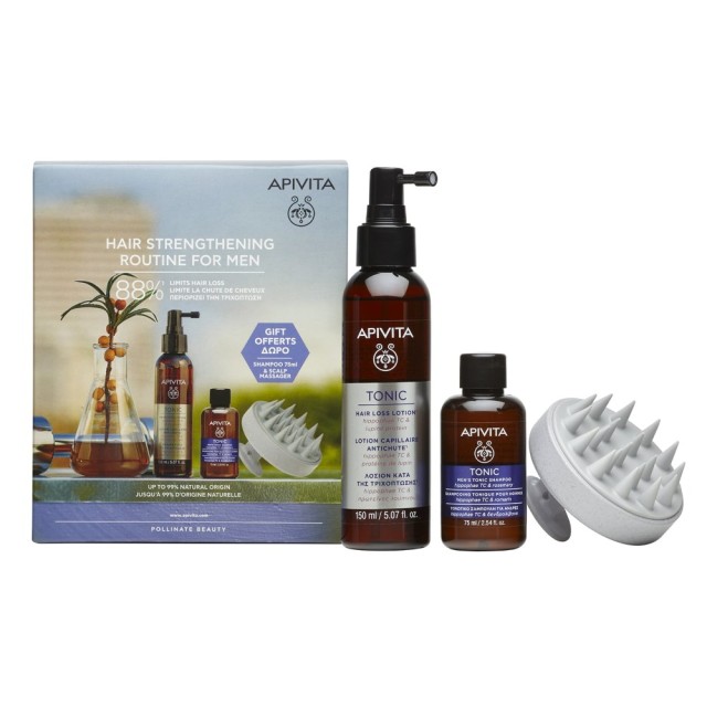 Apivita SET Hair Loss Lotion Hippophae TC & Lupine Protein 150ml​ & GIFT Mens Tonic Shampoo 75ml & Scalp Brush Massager