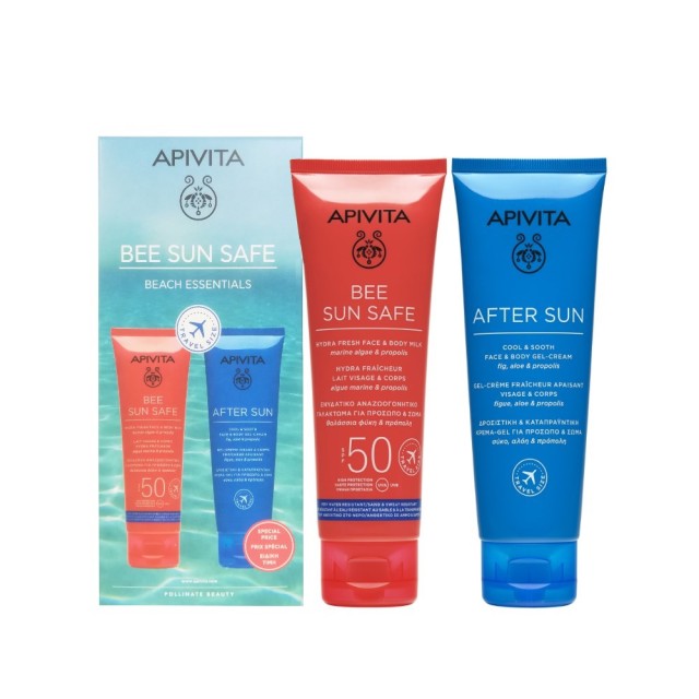 Apivita Bee Sun Safe Travel SET Hydra Fresh Face & Body Milk SPF50 100ml & After Sun Cool & Sooth Face & Body Gel Cream 100ml (ΣΕΤ Ταξιδίου για Υψηλή Αντηλιακή Προστασία & Φροντίδα Μετά τον Ήλιο)