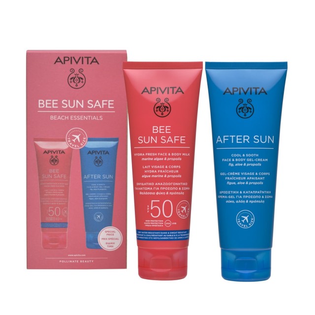 Apivita SET Travel Size Bee Sun Safe Hydra Fresh Face & Body Milk SPF50 100ml & After Sun Face & Body Gel Cream 100ml (ΣΕΤ με Αντηλιακό Γαλάκτωμα για Πρόσωπο & Σώμα & Καταπραϋντική Κρέμα-Τζελ για Μετά τον Ήλιο)