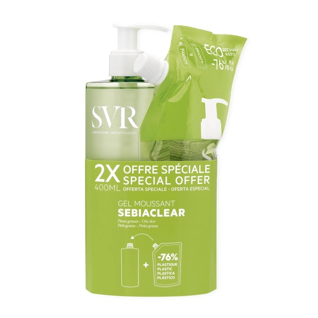 SVR SET Sebiaclear Gel Moussant 2x400ml (ΣΕΤ με Τζελ Καθαρισμού Προσώπου για Λιπαρό Δέρμα με Τάση Ακμής & Ανταλλακτικό)