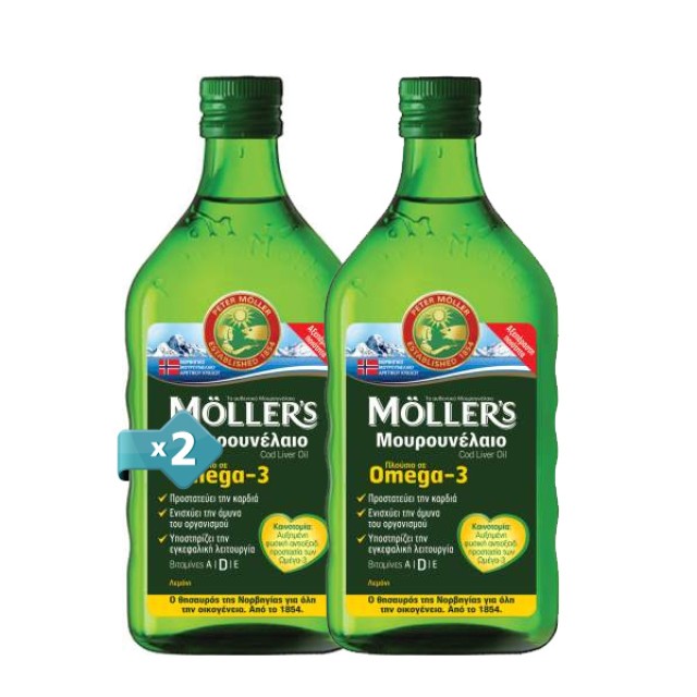 Mollers Cod Liver Oil Lemon 2x250ml (Μουρουνέλαιο Πλούσιο σε Omega 3 με Γεύση Λεμόνι 2 τεμάχια)
