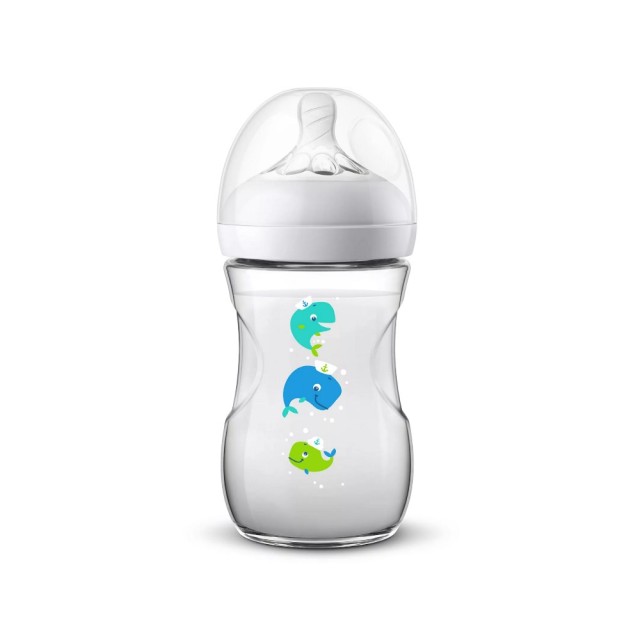 Avent Natural Baby Bottle SCF070/23 1m+ 260ml (Mπιμπερό με Θηλή Αργής Ροής για Μωρά 1m+ με Σχέδιο Φάλαινες)