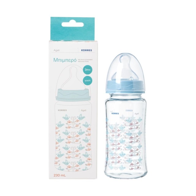 Korres Glass Feeding Bottle with Medium Flow Silicone Teat 230ml 3+