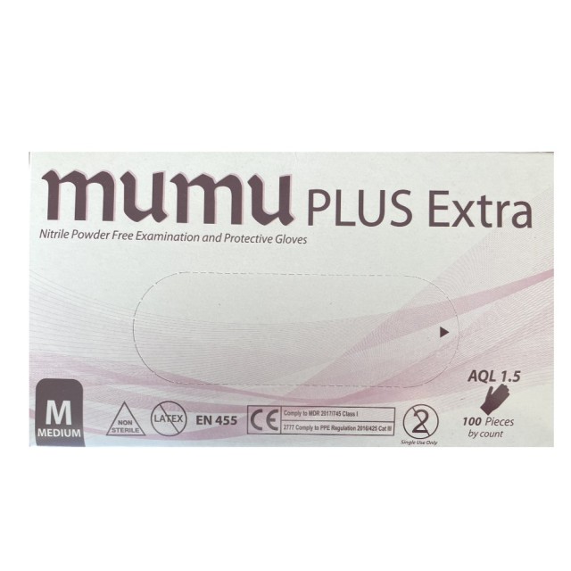 Mumu Plus Extra Nitrile Powder Free Examination & Protective Gloves Medium 100pcs (Γάντια Νιτριλίου Χωρίς Πούδρα Medium)