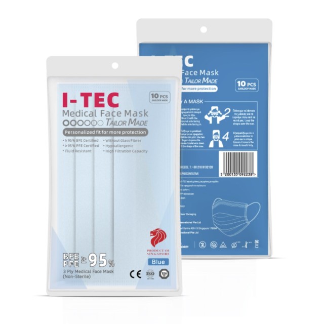 I-TEC Medical Mask 3-Ply Blue 10pcs (Χειρουργική Μάσκα Τύπου ΙΙ 3 Στρωμάτων Προστασίας Μπλε 10τεμ)