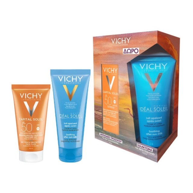 Vichy SET Capital Soleil Dry Touch Protective Face Fluid SPF50 50ml & ΔΩΡΟ Capital Soleil After Sun 100ml (ΣΕΤ με Αντηλιακή Κρέμα Προσώπου για Ματ Αποτέλεσμα & ΔΩΡΟ Γαλάκτωμα για Μετά τον Ήλιο)