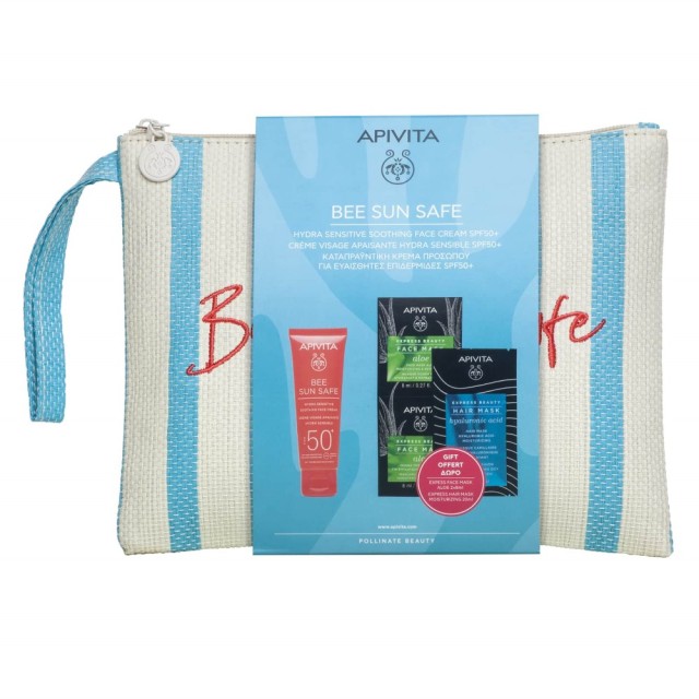 Apivita Bee Sun Safe SET Hydra Sensitive Soothing Face Cream SPF50+ 50ml & ΔΩΡΟ Express Beauty Face Mask Aloe 2x8ml & Hair Mask Hyaluronic Acid 20ml (ΣΕΤ Φροντίδας για Υψηλή Αντηλιακή Προστασία & Ενυδάτωση)