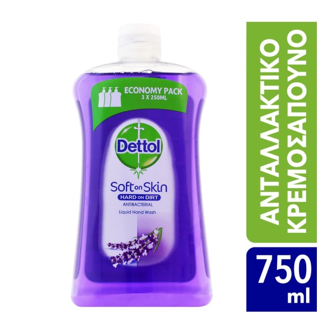Dettol Soft on Skin Antibacterial Liquid Hand Wash 750ml (Αντιβακτηριδιακό Υγρό Κρεμοσάπουνο για τα Χέρια με Άρωμα Λεβάντα Ανταλλακτική Συσκευασία)