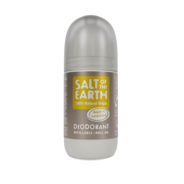 Salt Of The Earth Vegan Refillable Deodorant Roll On Amber & Sandalwood 75ml (Επαναγεμιζόμενο Αποσμητικό Roll On με Κεχριμπάρι & Σανδαλόξυλο)