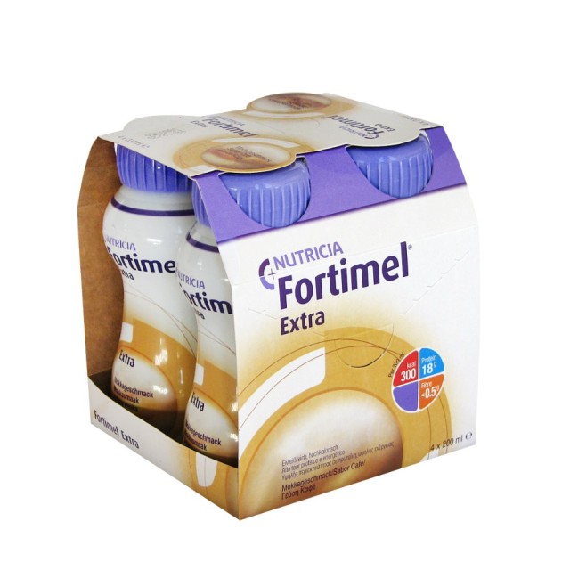 Nutricia Fortimel Extra Coffee 4x200ml (Υπερπρωτεϊνικό, Υπερθερμιδικό Πόσιμο Θρεπτικό Σκεύασμα με Γε