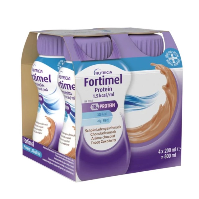 Nutricia Fortimel Protein 1,5kcal/ml Chocolate 4x200ml (Υπερπρωτεϊνικό, Υπερθερμιδικό Πόσιμο Θρεπτικό Σκεύασμα με Γεύση Σοκολάτα)