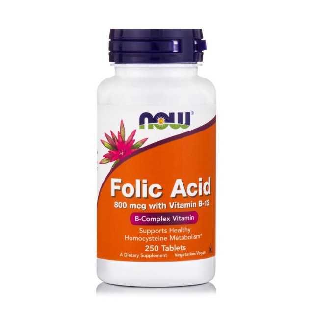 Now Foods Folic Acid 800mcg with Vitamin B-12 25mcg 250tabs (Συμπλήρωμα Διατροφής με Φολικό Οξύ)