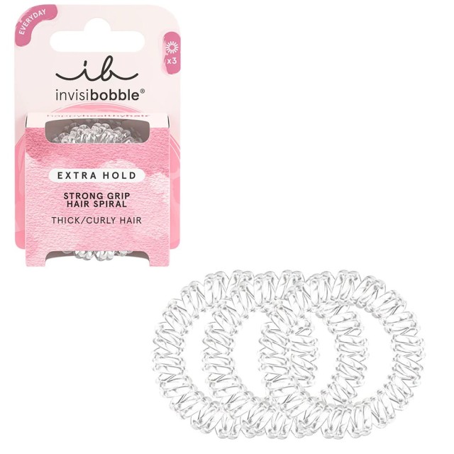 Invisibobble Extra Hold Hair Spiral Crystal Clear 3τεμ (Λαστιχάκια Μαλλιών Διάφανα για Πυκνά ή/και Σγουρά Μαλλιά)