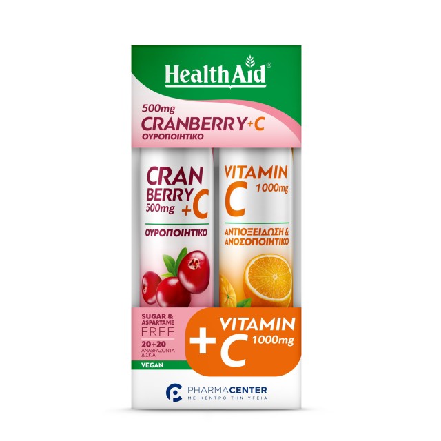 Health Aid Cranberry 500mg + C 20tabs & Vitamin C 1000mg 20tabs (ΣΕΤ με Κράνμπερι + Bιταμίνη C & ΔΩΡΟ Βιταμίνη C με Γεύση Πορτοκάλι σε Αναβράζουσες Ταμπλέτες