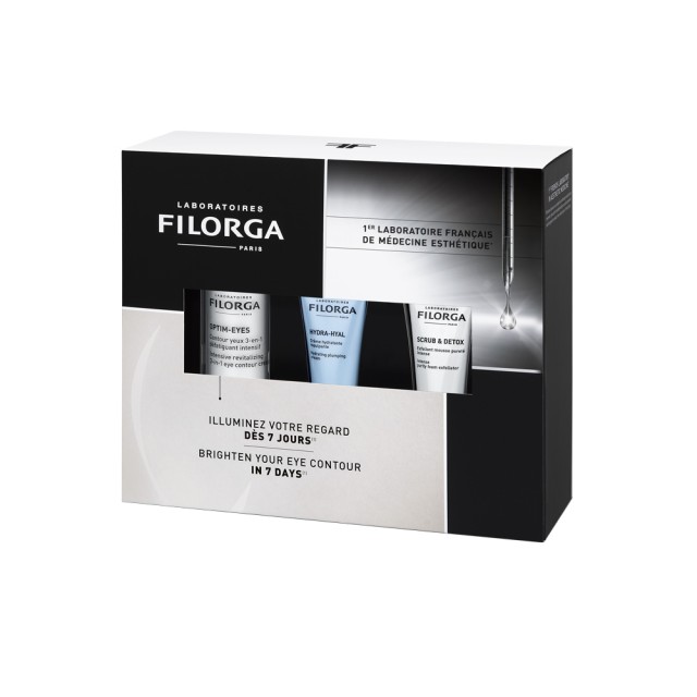 Filorga SET Brightening Expert Optim Eyes 15ml & ΔΩΡΟ Hydra Hyal Cream 15ml & Scrub & Detox 15ml (ΣΕΤ Περιποίησης με Κρέμα Ματιών & ΔΩΡΟ Κρέμα Ενυδάτωσης & Αφρό Απολέπισης)