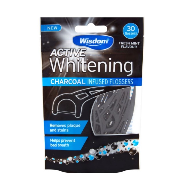 Wisdom Active Whitening Charcoal Infused Flossers 30τεμ (Οδοντικό Νήμα με Λαβή με Ενεργό Άνθρακα για Λευκά Δόντια)