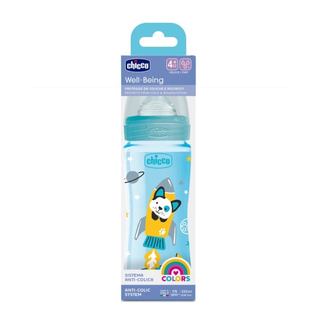 Chicco Well Being Plastic Baby Bottle Blue 28637-20 330ml 4m+ (Μπιμπερό Πλαστικό με Θηλή Σιλικόνης Μ