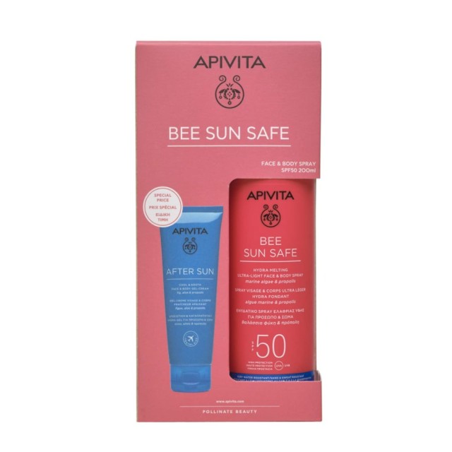Apivita Bee Sun Safe SET Hydra Melting Ultra Light Face & Body Spray SPF50 200ml & After Sun Cool & Sooth Face & Body Gel Cream 100ml (ΣΕΤ με Αντηλιακό Σπρέι Ελαφριάς Υφής για Πρόσωπο & Σώμα & Φροντίδα Μετά τον Ήλιο)