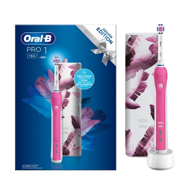 Braun Oral B Pro1 750 Pink Design Edition & Travel Case (Ηλεκτρική Οδοντόβουρτσα Άσπρη/Ροζ & Θήκη Ταξιδίου Άσπρη με Ροζ Σχέδια)