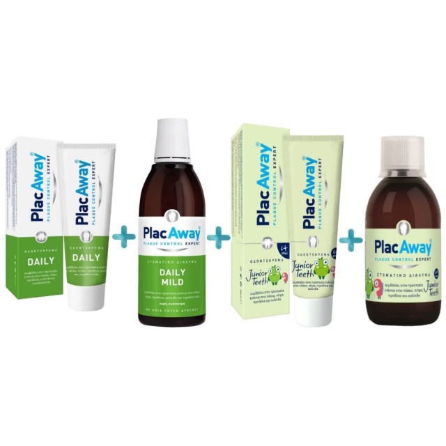 Plac Away Daily Family SET Mild Moutwash 500ml & Toothpaste 75ml & Junior Mouthwash 250ml & Toothpaste 50ml