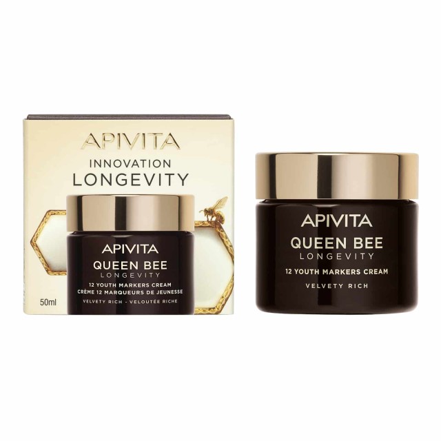 Apivita Queen Bee Longevity Velvety Rich Cream 50ml (Πλούσια Βελούδινη Κρέμα Προσώπου για Δράση σε 12 Δείκτες Νεότητας)