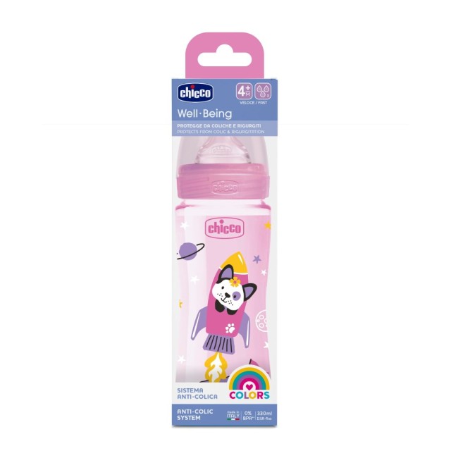 Chicco Well Being Plastic Baby Bottle Pink 28637-10 330ml 4m+ (Μπιμπερό Πλαστικό με Θηλή Σιλικόνης Ροζ 4m+)