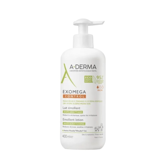 A Derma Exomega Control Emollient Lotion 400ml (Μαλακτικό Γαλάκτωμα Κατά του Κνησμού για Πολύ Ξηρή Επιδερμίδα με Τάση Ατοπίας για Όλη την Οικογένεια)