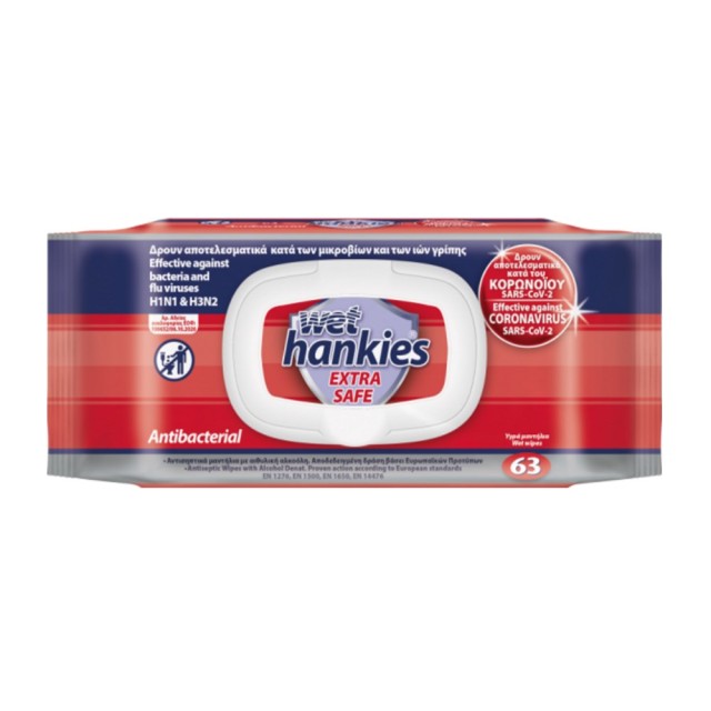 Wet Hankies Extra Safe Antibacterial Wet Wipes 63pcs (Αντισηπτικά Μαντηλάκια Κατά των Μικροβίων & των Ιών της Γρίπης 63τεμ)